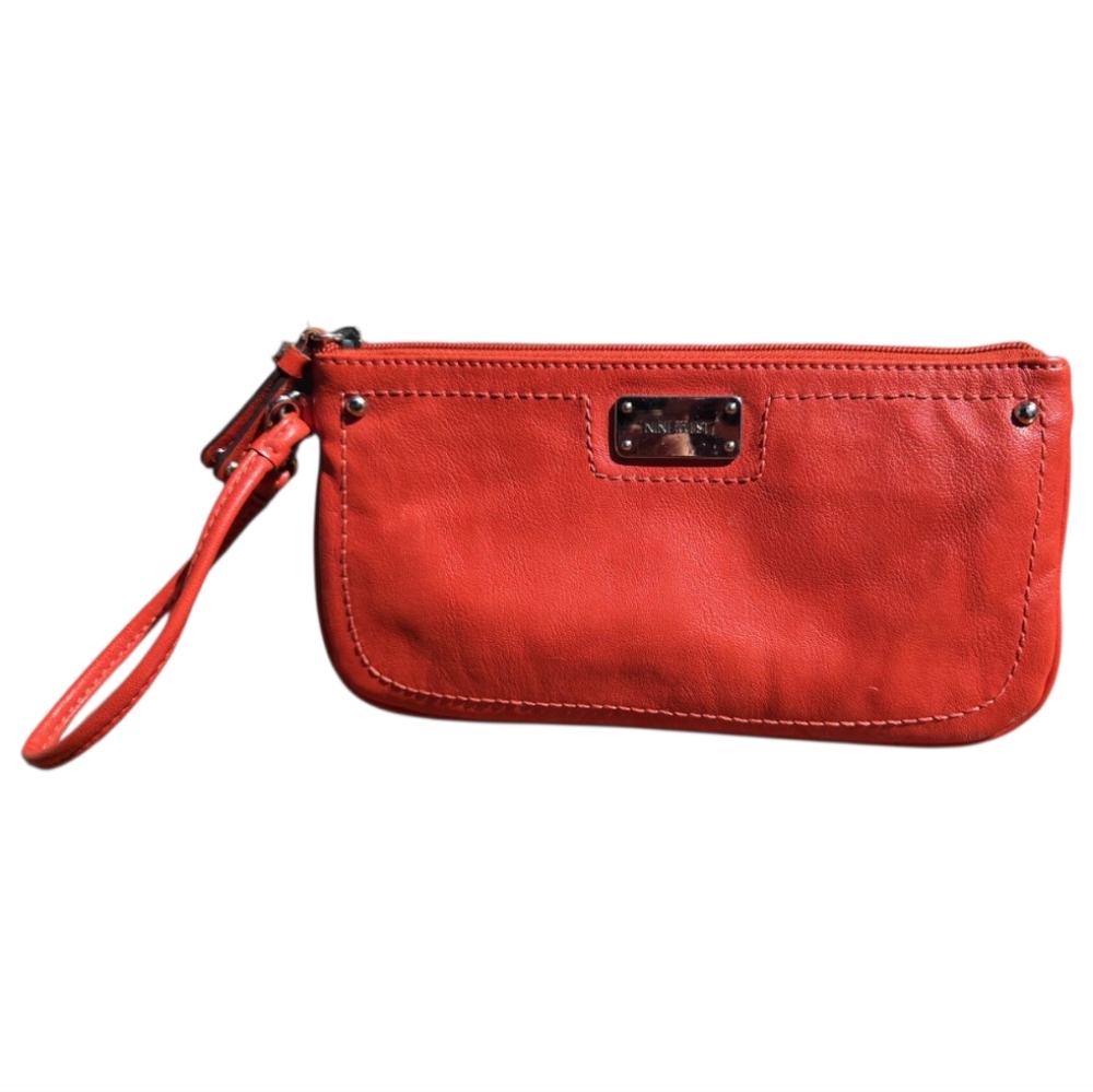 Nine West Poppy Orange Wristlet Clutch Sleek Design Compact Striped Lining
